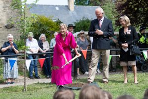 HRH Sophie of Wessex plants a tree for the Queens Canopy as the Chairman of the Thomas Gifford Trust; Chris Potts, and Her Lord Lieutenant; Marjorie Glasgow look on.